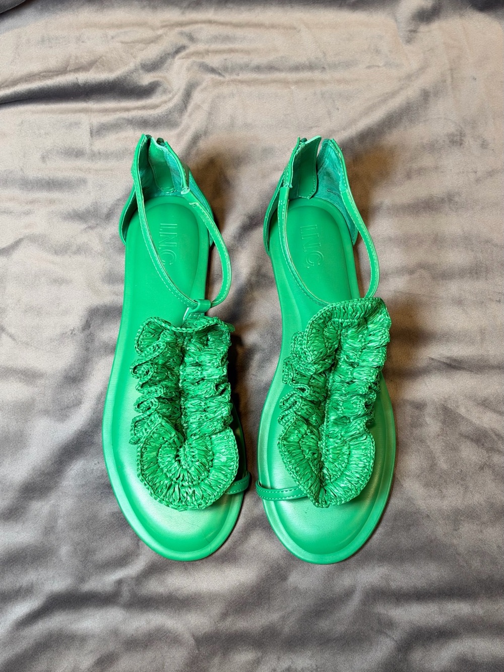 INC International Concepts Green Ruffle T-Strap Sandals